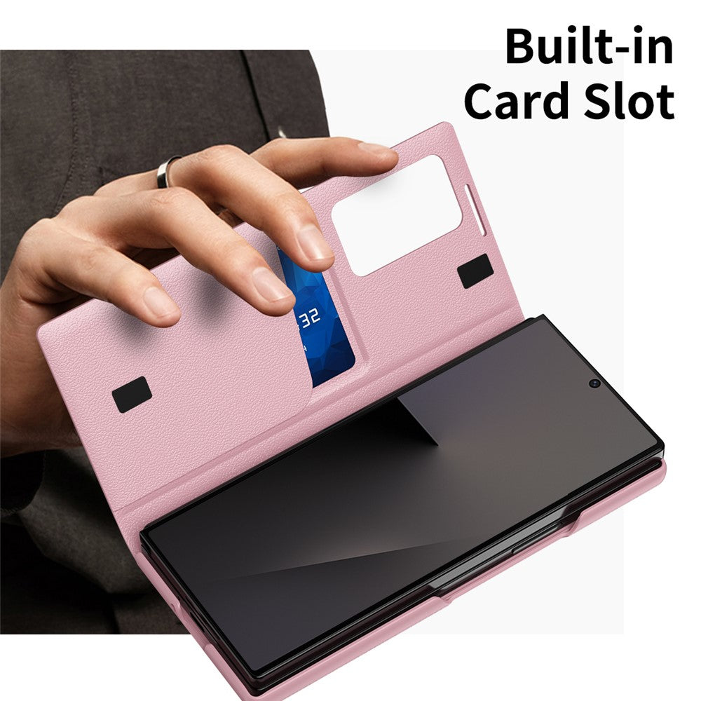 For Samsung Galaxy Z Fold7 5G Case with Card Holder Smart View Window Leather Phone Cover - Pink