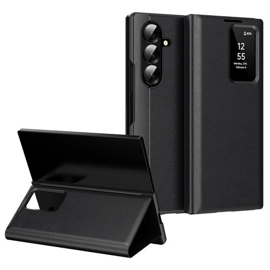 For Samsung Galaxy Z Fold7 5G Case with Card Holder Smart View Window Leather Phone Cover - Black