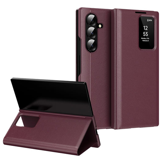 For Samsung Galaxy Z Fold7 5G Case with Card Holder Smart View Window Leather Phone Cover - Wine Red