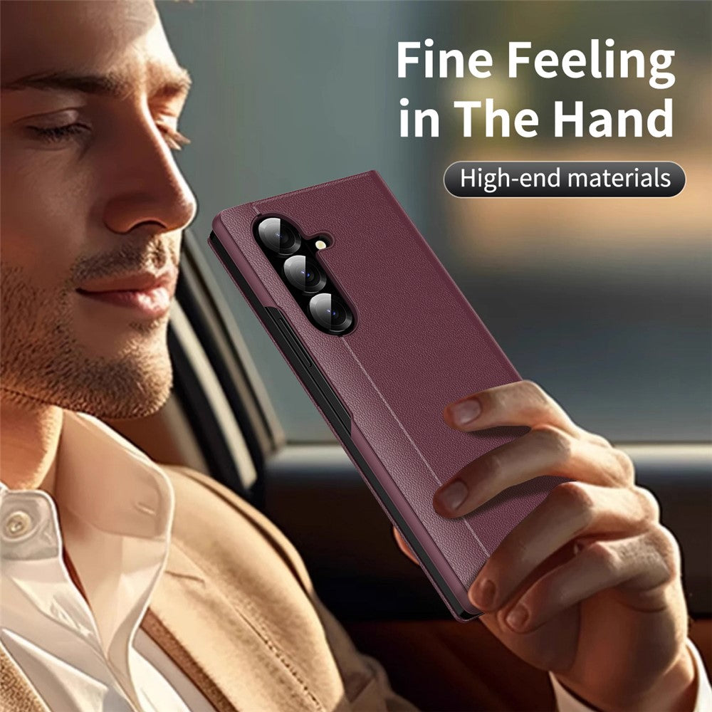 For Samsung Galaxy Z Fold7 5G Case with Card Holder Smart View Window Leather Phone Cover - Wine Red