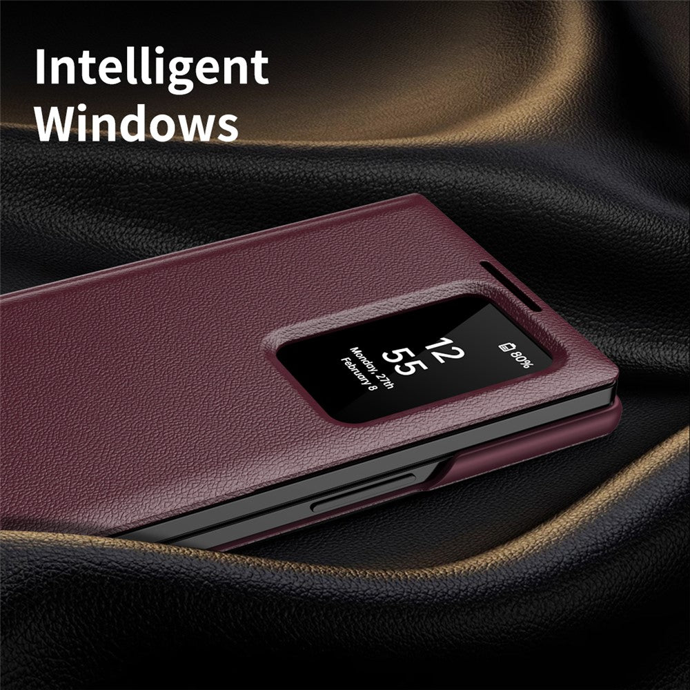 For Samsung Galaxy Z Fold7 5G Case with Card Holder Smart View Window Leather Phone Cover - Wine Red