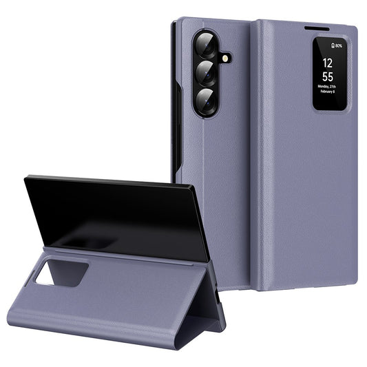 For Samsung Galaxy Z Fold7 5G Case with Card Holder Smart View Window Leather Phone Cover - Lavender Grey