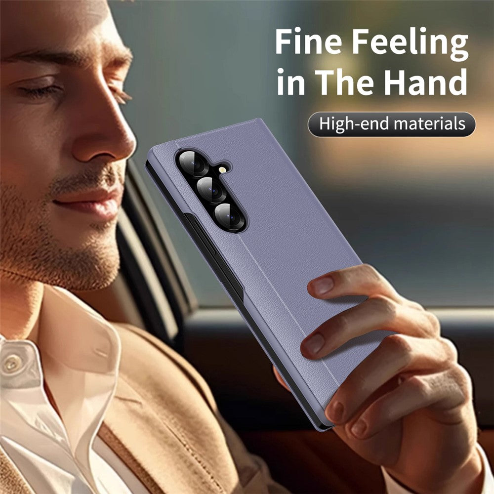 For Samsung Galaxy Z Fold7 5G Case with Card Holder Smart View Window Leather Phone Cover - Lavender Grey