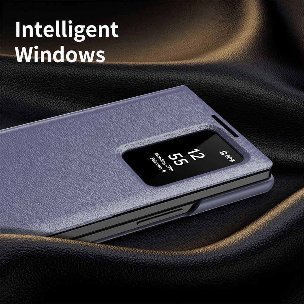 For Samsung Galaxy Z Fold7 5G Case with Card Holder Smart View Window Leather Phone Cover - Lavender Grey