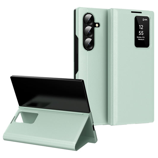 For Samsung Galaxy Z Fold7 5G Case with Card Holder Smart View Window Leather Phone Cover - Light Green