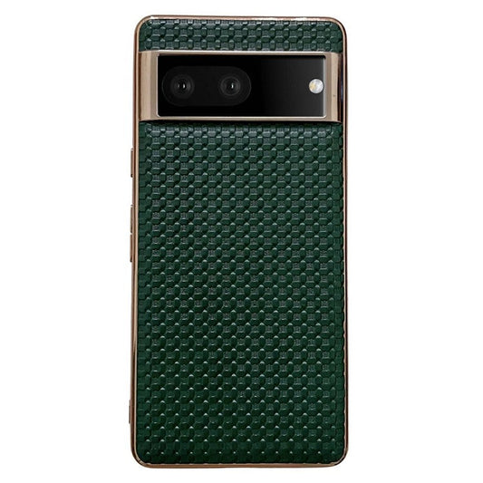 For Google Pixel 7 5G Cell Phone Back Shell, Textured Genuine Leather Coated TPU Phone Case Nano Electroplating Protective Cover - Green