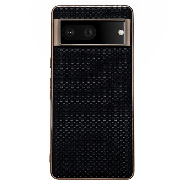 For Google Pixel 7 5G Cell Phone Back Shell, Textured Genuine Leather Coated TPU Phone Case Nano Electroplating Protective Cover - Black