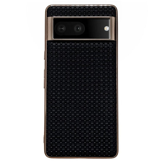 For Google Pixel 7 5G Cell Phone Back Shell, Textured Genuine Leather Coated TPU Phone Case Nano Electroplating Protective Cover - Black