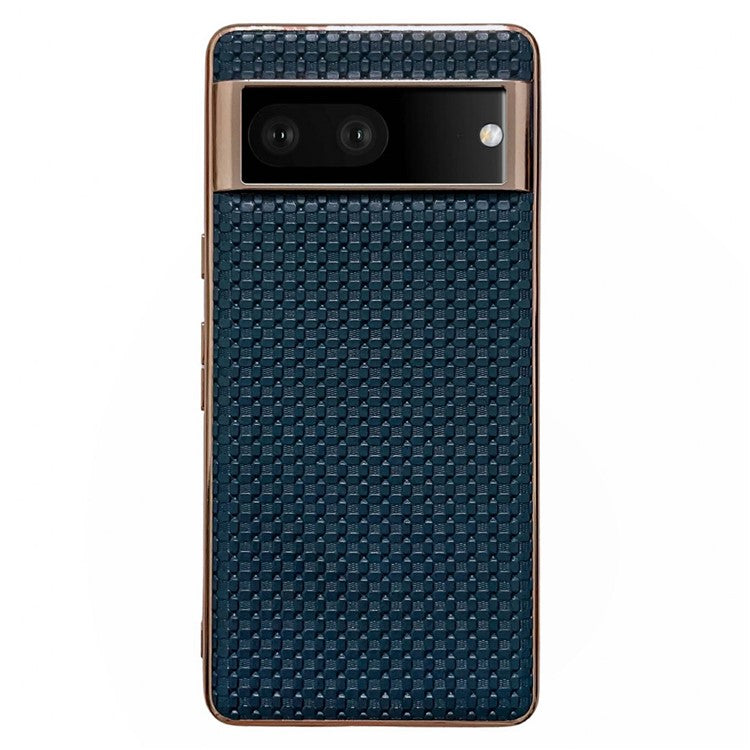 For Google Pixel 7 5G Cell Phone Back Shell, Textured Genuine Leather Coated TPU Phone Case Nano Electroplating Protective Cover - Blue
