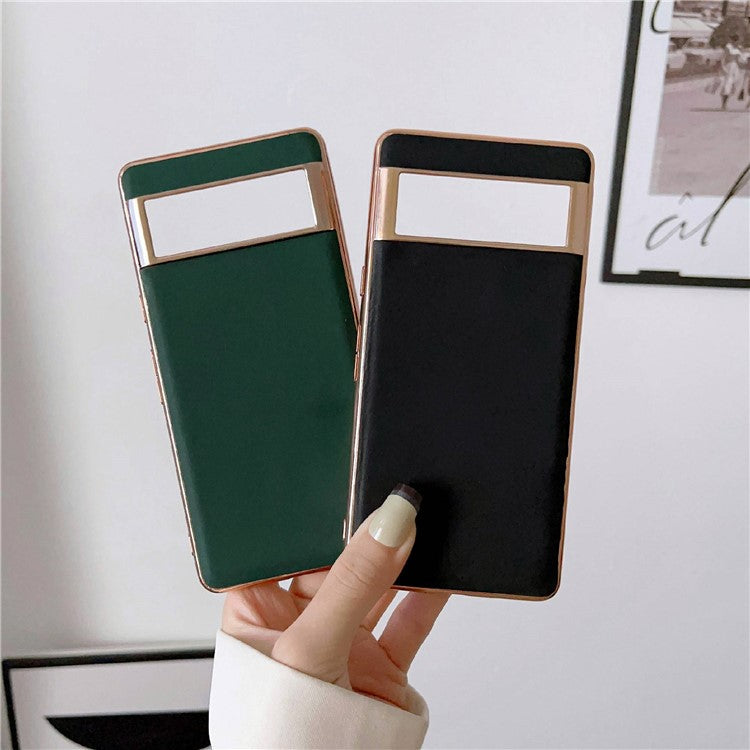 Cell Phone Back Cover for Google Pixel 7 Pro 5G, Nano Electroplating Genuine Leather Coated TPU Phone Case - Black
