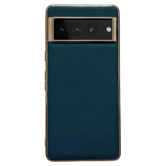 Cell Phone Back Cover for Google Pixel 7 Pro 5G, Nano Electroplating Genuine Leather Coated TPU Phone Case - Blue