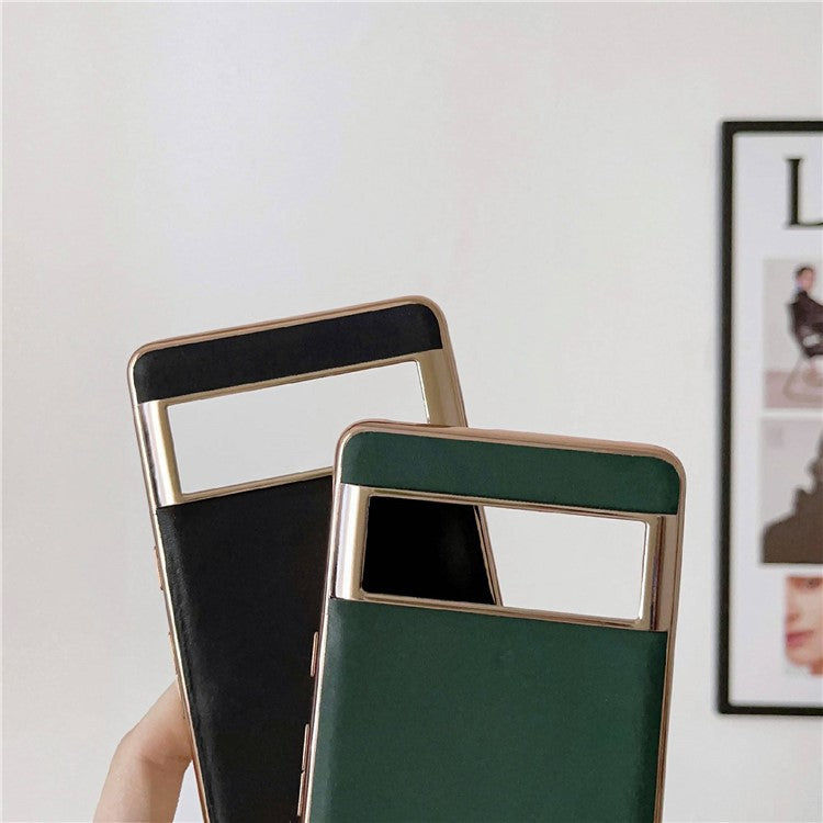 Cell Phone Back Cover for Google Pixel 7 Pro 5G, Nano Electroplating Genuine Leather Coated TPU Phone Case - Green