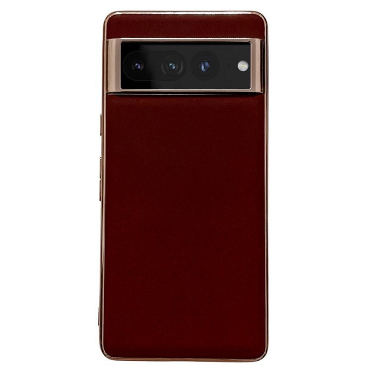 Cell Phone Back Cover for Google Pixel 7 Pro 5G, Nano Electroplating Genuine Leather Coated TPU Phone Case - Coffee