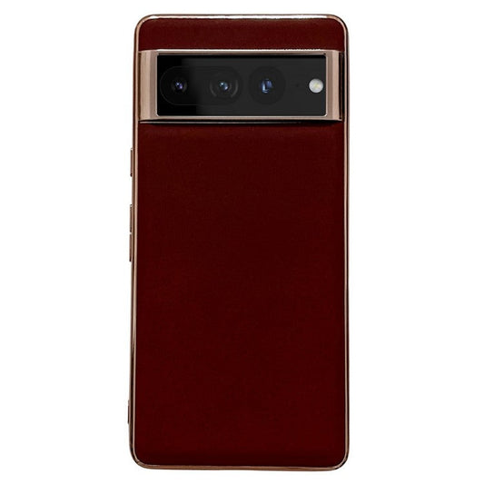 Cell Phone Back Cover for Google Pixel 7 Pro 5G, Nano Electroplating Genuine Leather Coated TPU Phone Case - Coffee