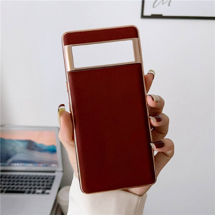 Cell Phone Back Cover for Google Pixel 7 Pro 5G, Nano Electroplating Genuine Leather Coated TPU Phone Case - Coffee