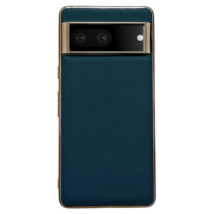 Cell Phone Back Cover for Google Pixel 7 5G, Drop Protection Nano Electroplating Genuine Leather Coated TPU Phone Case - Blue
