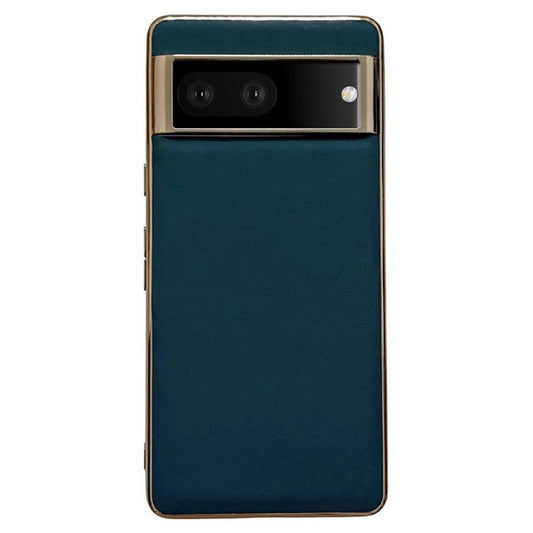 Cell Phone Back Cover for Google Pixel 7 5G, Drop Protection Nano Electroplating Genuine Leather Coated TPU Phone Case - Blue