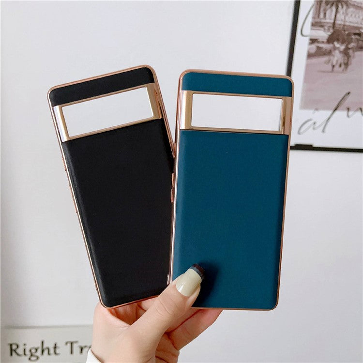 Cell Phone Back Cover for Google Pixel 7 5G, Drop Protection Nano Electroplating Genuine Leather Coated TPU Phone Case - Blue