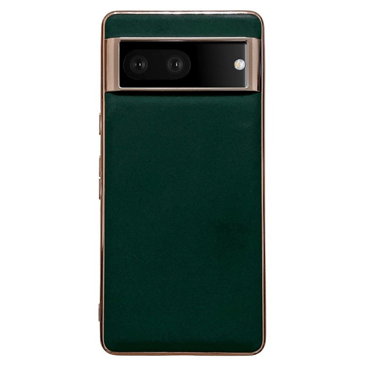 Cell Phone Back Cover for Google Pixel 7 5G, Drop Protection Nano Electroplating Genuine Leather Coated TPU Phone Case - Green