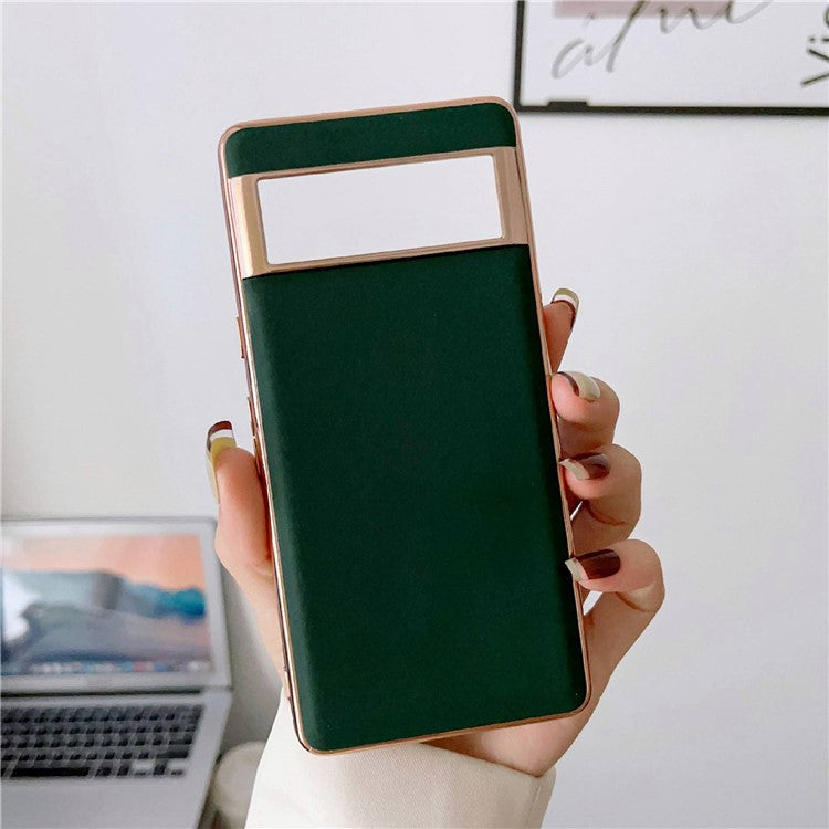 Cell Phone Back Cover for Google Pixel 7 5G, Drop Protection Nano Electroplating Genuine Leather Coated TPU Phone Case - Green