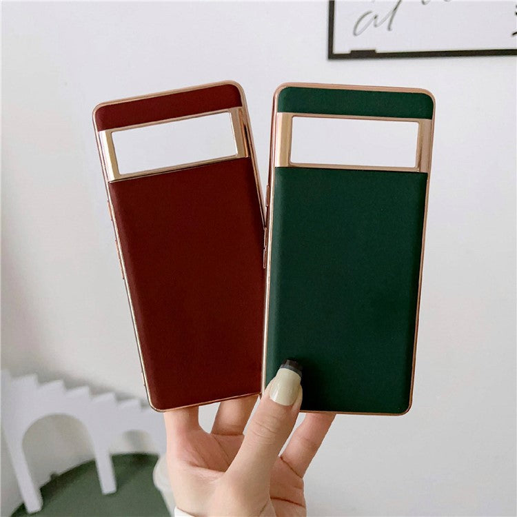 Cell Phone Back Cover for Google Pixel 7 5G, Drop Protection Nano Electroplating Genuine Leather Coated TPU Phone Case - Green