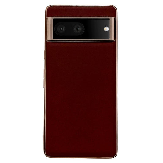 Cell Phone Back Cover for Google Pixel 7 5G, Drop Protection Nano Electroplating Genuine Leather Coated TPU Phone Case - Coffee