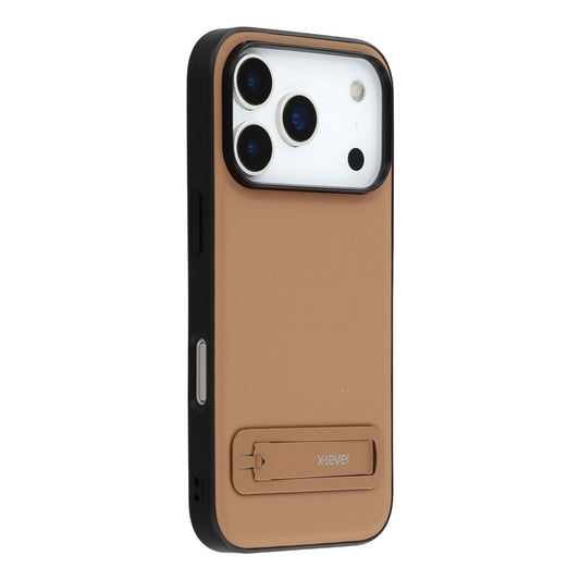 X-LEVEL For iPhone 17 Pro Max Case Leather Coated PC TPU Phone Back Cover with Metal Kickstand - Brown