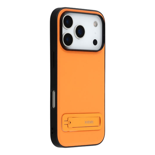X-LEVEL For iPhone 17 Pro Max Case Leather Coated PC TPU Phone Back Cover with Metal Kickstand - Orange