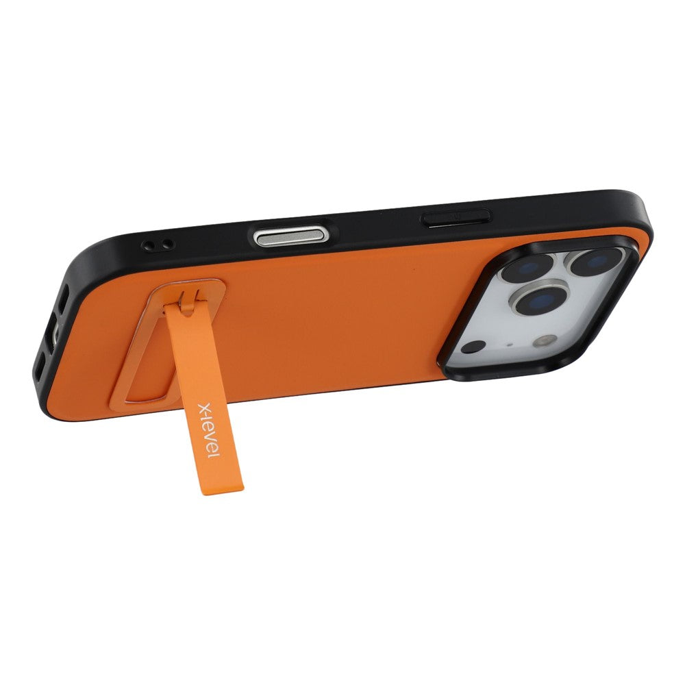X-LEVEL For iPhone 17 Pro Max Case Leather Coated PC TPU Phone Back Cover with Metal Kickstand - Orange