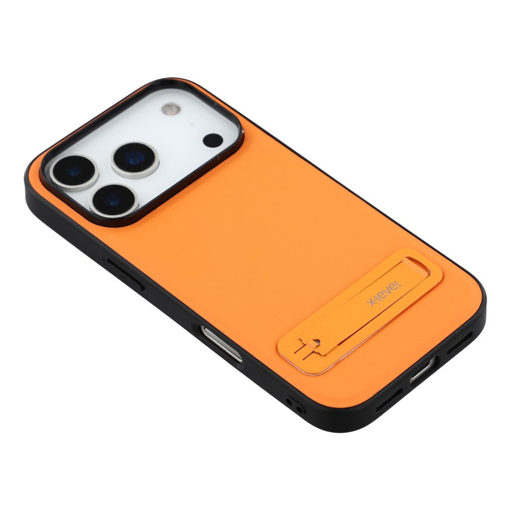 X-LEVEL For iPhone 17 Pro Max Case Leather Coated PC TPU Phone Back Cover with Metal Kickstand - Orange