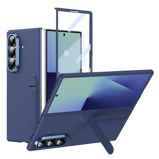 For Samsung Galaxy Z Fold7 5G Phone Case Kickstand PC Cover with Tempered Glass Screen Protector - Navy Blue