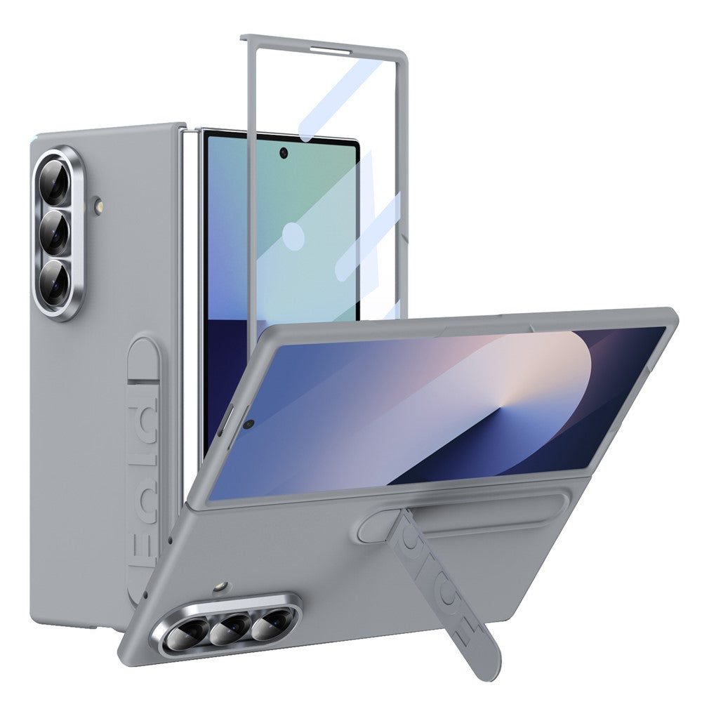 For Samsung Galaxy Z Fold7 5G Phone Case Kickstand PC Cover with Tempered Glass Screen Protector - Light Grey
