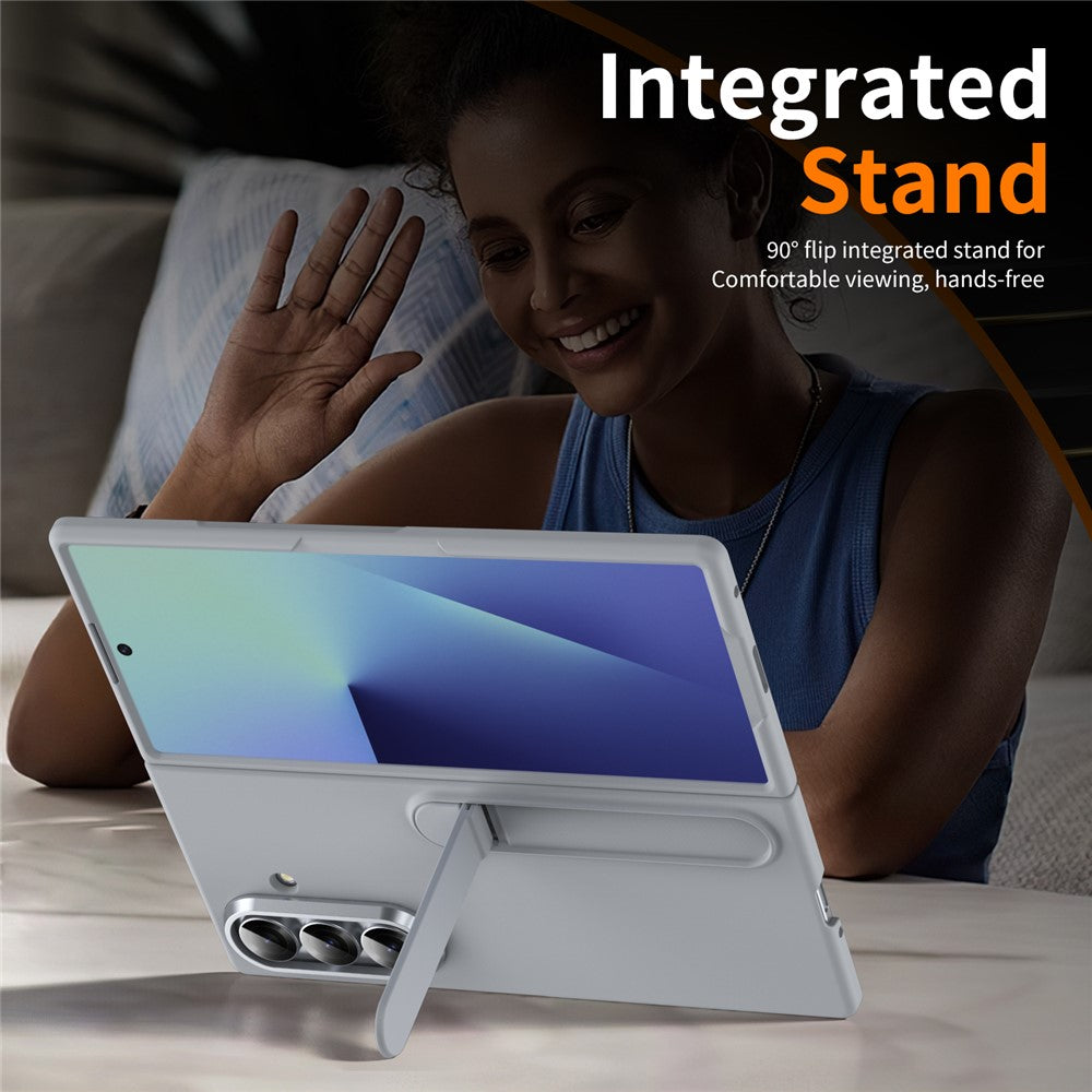 For Samsung Galaxy Z Fold7 5G Phone Case Kickstand PC Cover with Tempered Glass Screen Protector - Light Grey