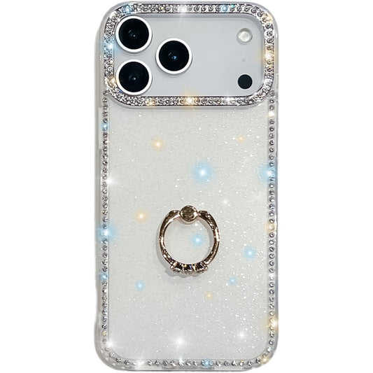 For iPhone 17 Pro Max Case with Ring Kickstand Rhinestone Edge TPU + PC IMD Phone Cover - Glitter White