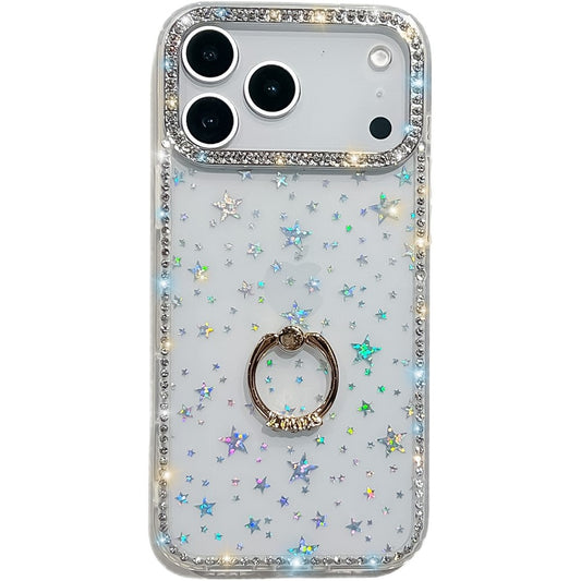 For iPhone 17 Pro Max Case with Ring Kickstand Rhinestone Edge TPU + PC IMD Phone Cover - Starry Transparent