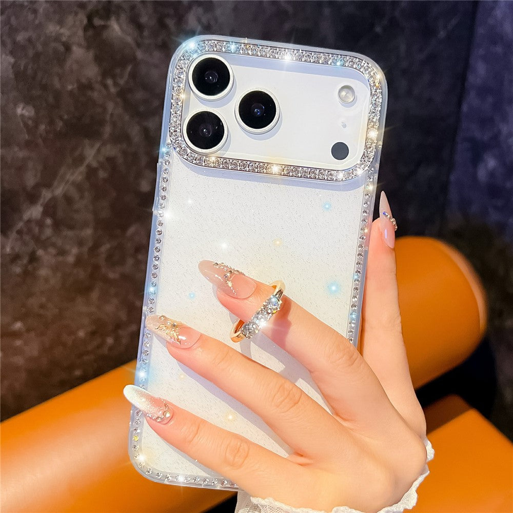 For iPhone 17 Pro Max Case with Ring Kickstand Rhinestone Edge TPU + PC IMD Phone Cover - Starry Transparent