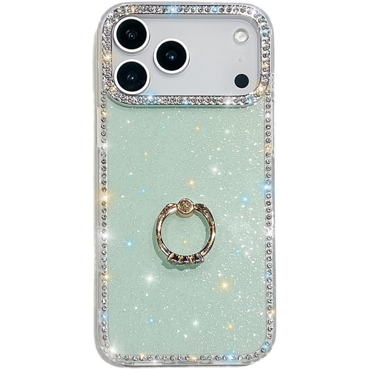 For iPhone 17 Pro Max Case with Ring Kickstand Rhinestone Edge TPU + PC IMD Phone Cover - Glitter Light Green