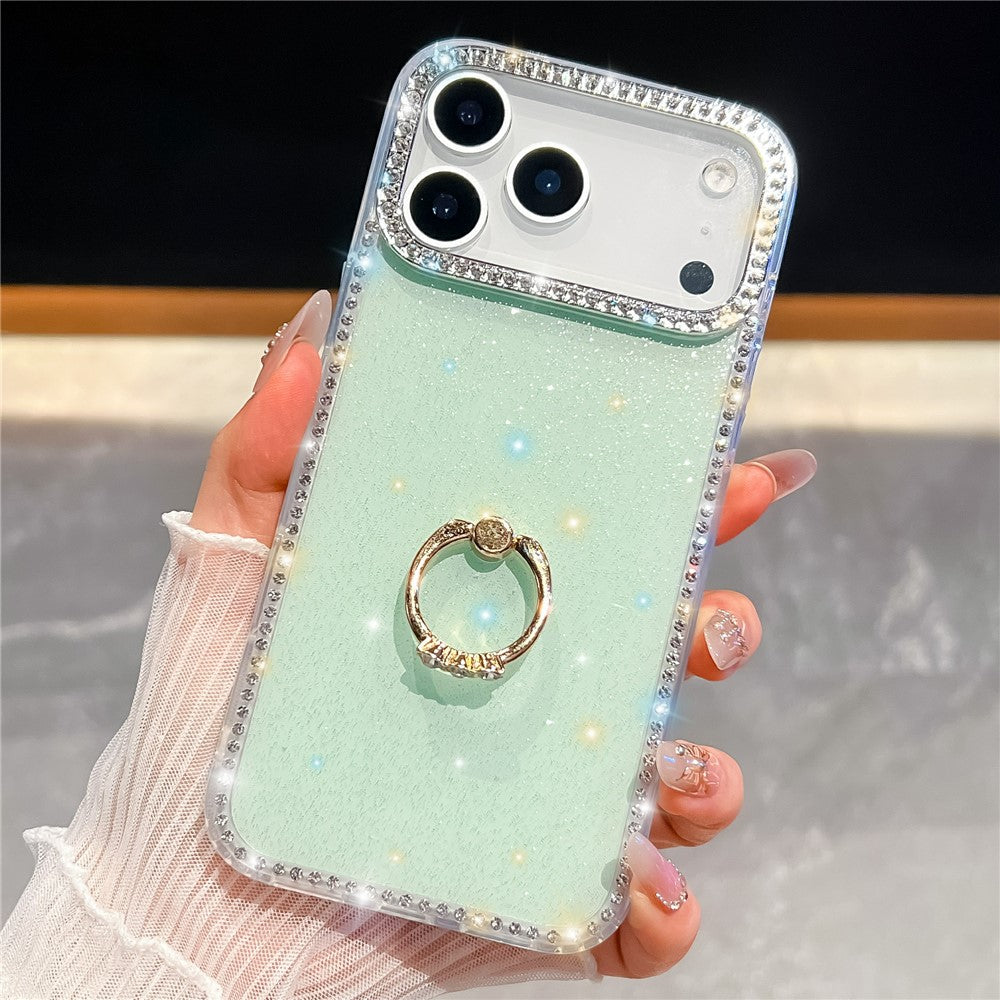 For iPhone 17 Pro Max Case with Ring Kickstand Rhinestone Edge TPU + PC IMD Phone Cover - Glitter Light Green