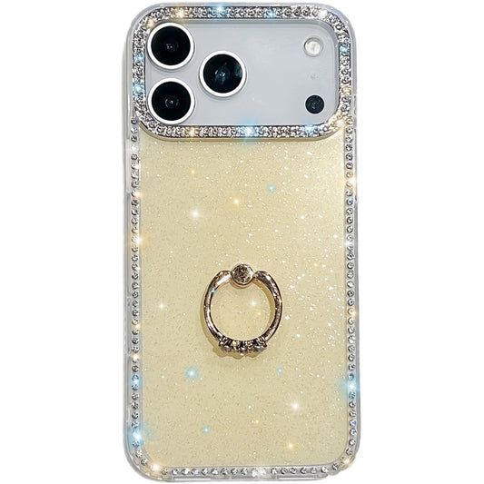 For iPhone 17 Pro Max Case with Ring Kickstand Rhinestone Edge TPU + PC IMD Phone Cover - Glitter Light Yellow