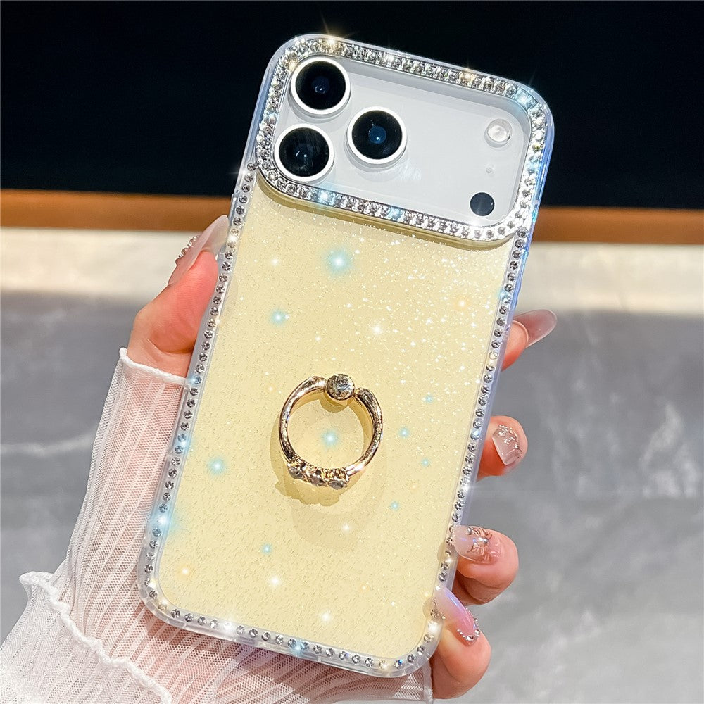 For iPhone 17 Pro Max Case with Ring Kickstand Rhinestone Edge TPU + PC IMD Phone Cover - Glitter Light Yellow