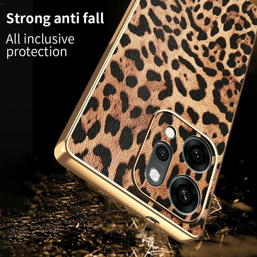 For Oppo Reno14 Pro 5G (Global) Case Leopard Print PU Leather Coated PC + TPU Electroplating Phone Cover