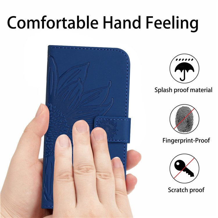 For Google Pixel 7 5G HT04 Imprinted Sunflower Anti-scratch Phone Case PU Leather Stand Wallet Skin-Touch Smartphone Cover with Hand Strap - Sapphire
