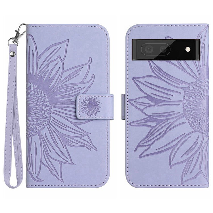 For Google Pixel 7 5G HT04 Imprinted Sunflower Anti-scratch Phone Case PU Leather Stand Wallet Skin-Touch Smartphone Cover with Hand Strap - Light Purple