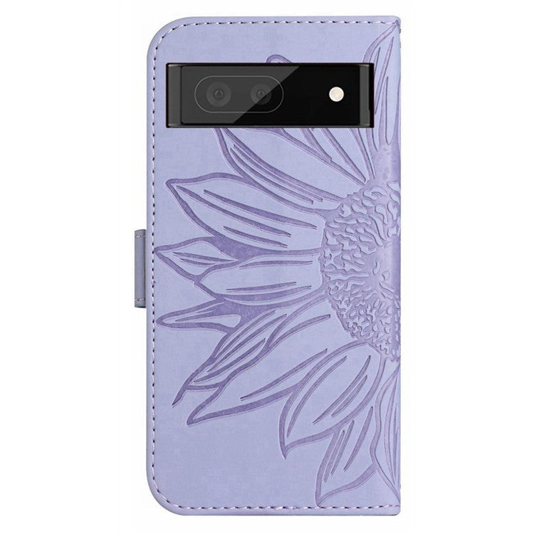 For Google Pixel 7 5G HT04 Imprinted Sunflower Anti-scratch Phone Case PU Leather Stand Wallet Skin-Touch Smartphone Cover with Hand Strap - Light Purple