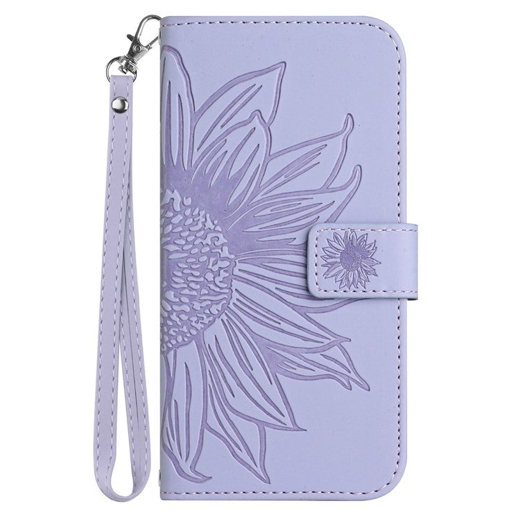For Google Pixel 7 5G HT04 Imprinted Sunflower Anti-scratch Phone Case PU Leather Stand Wallet Skin-Touch Smartphone Cover with Hand Strap - Light Purple