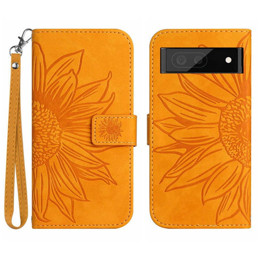 For Google Pixel 7 5G HT04 Imprinted Sunflower Anti-scratch Phone Case PU Leather Stand Wallet Skin-Touch Smartphone Cover with Hand Strap - Yellow