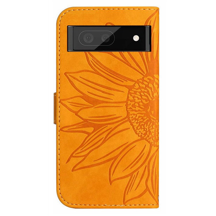 For Google Pixel 7 5G HT04 Imprinted Sunflower Anti-scratch Phone Case PU Leather Stand Wallet Skin-Touch Smartphone Cover with Hand Strap - Yellow