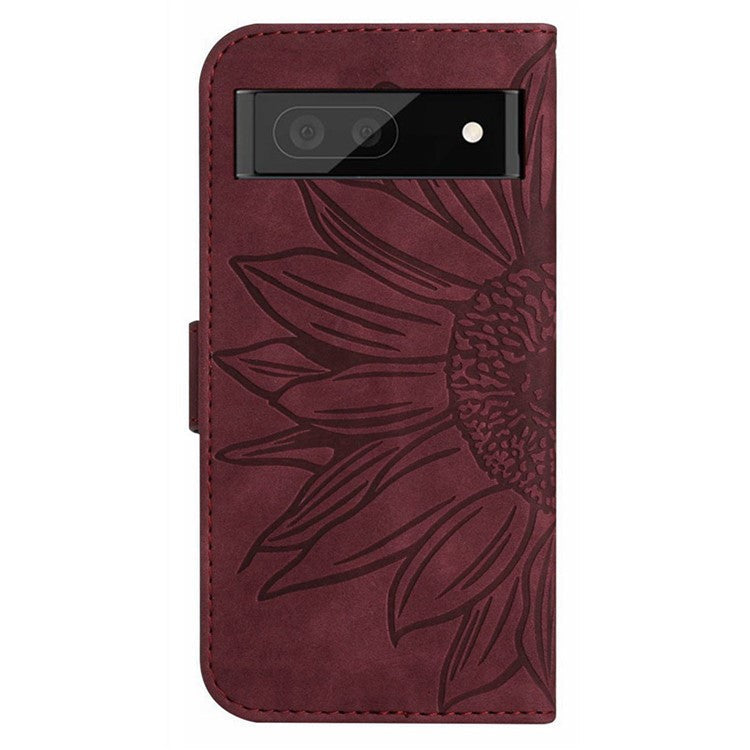 For Google Pixel 7 5G HT04 Imprinted Sunflower Anti-scratch Phone Case PU Leather Stand Wallet Skin-Touch Smartphone Cover with Hand Strap - Wine Red