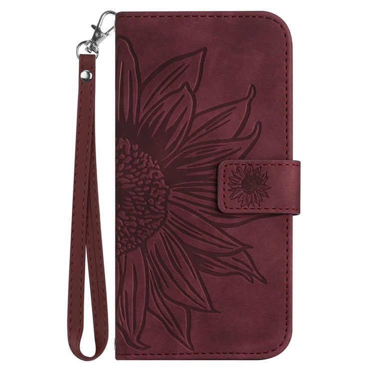 For Google Pixel 7 5G HT04 Imprinted Sunflower Anti-scratch Phone Case PU Leather Stand Wallet Skin-Touch Smartphone Cover with Hand Strap - Wine Red