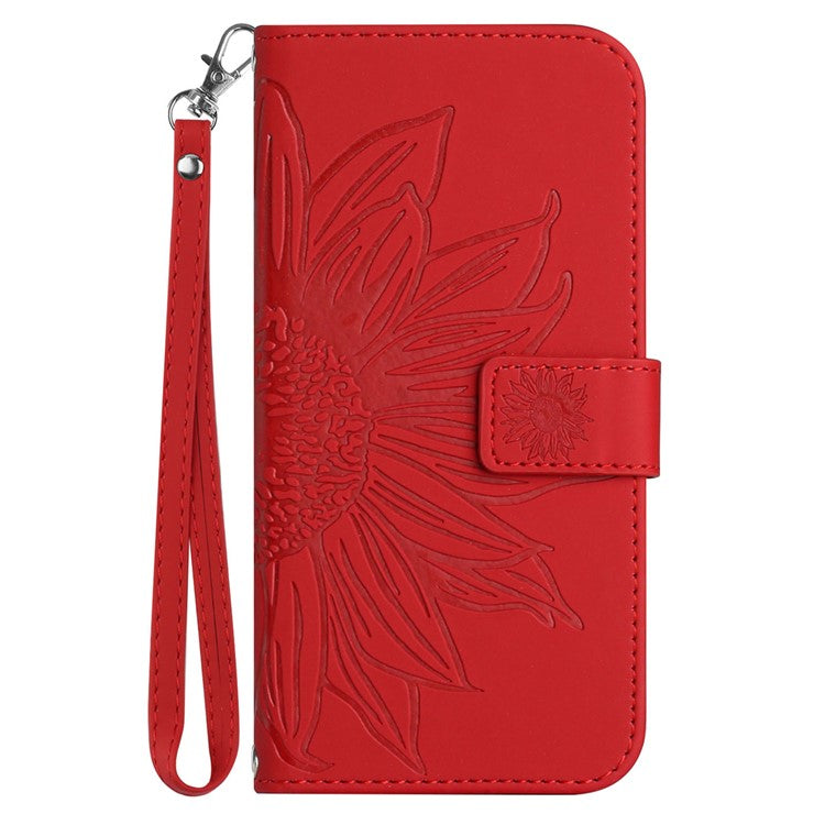 For Google Pixel 7 5G HT04 Imprinted Sunflower Anti-scratch Phone Case PU Leather Stand Wallet Skin-Touch Smartphone Cover with Hand Strap - Red